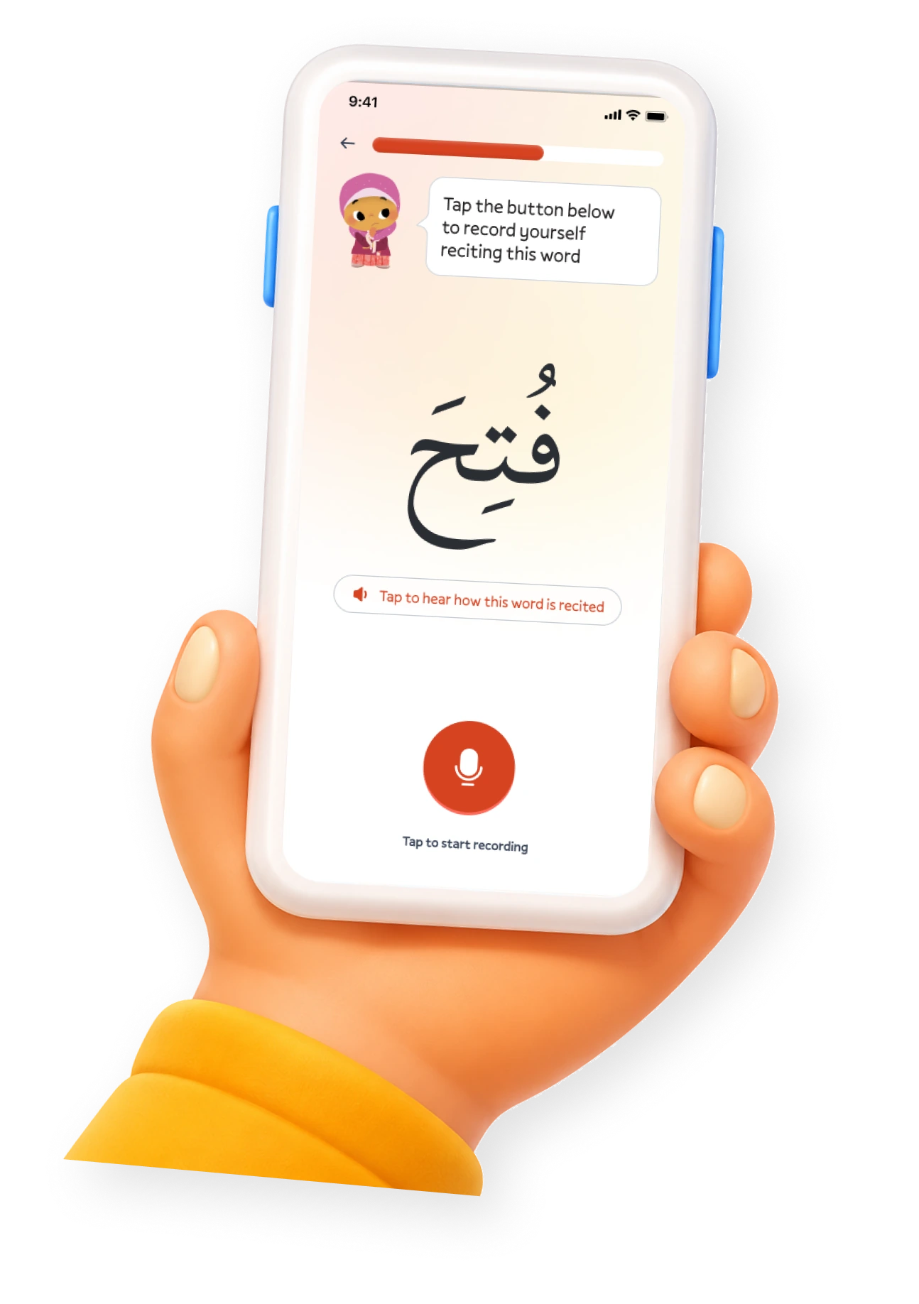 A hand holding a phone showing a word ready to be recited into Kiitab