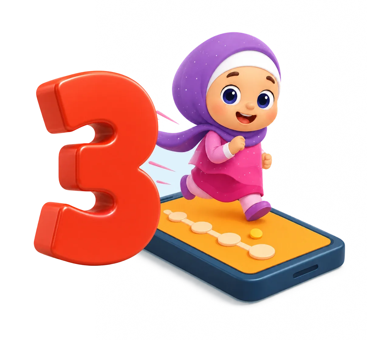 Step three — a child racing through a gamified lesson path